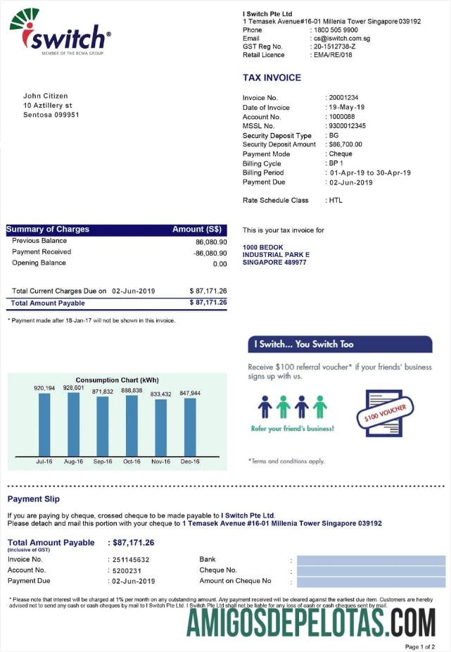 Em branco modelo de fatura de serviços públicos de energia Iswitch de Cingapura, totalmente editável em formato PSD